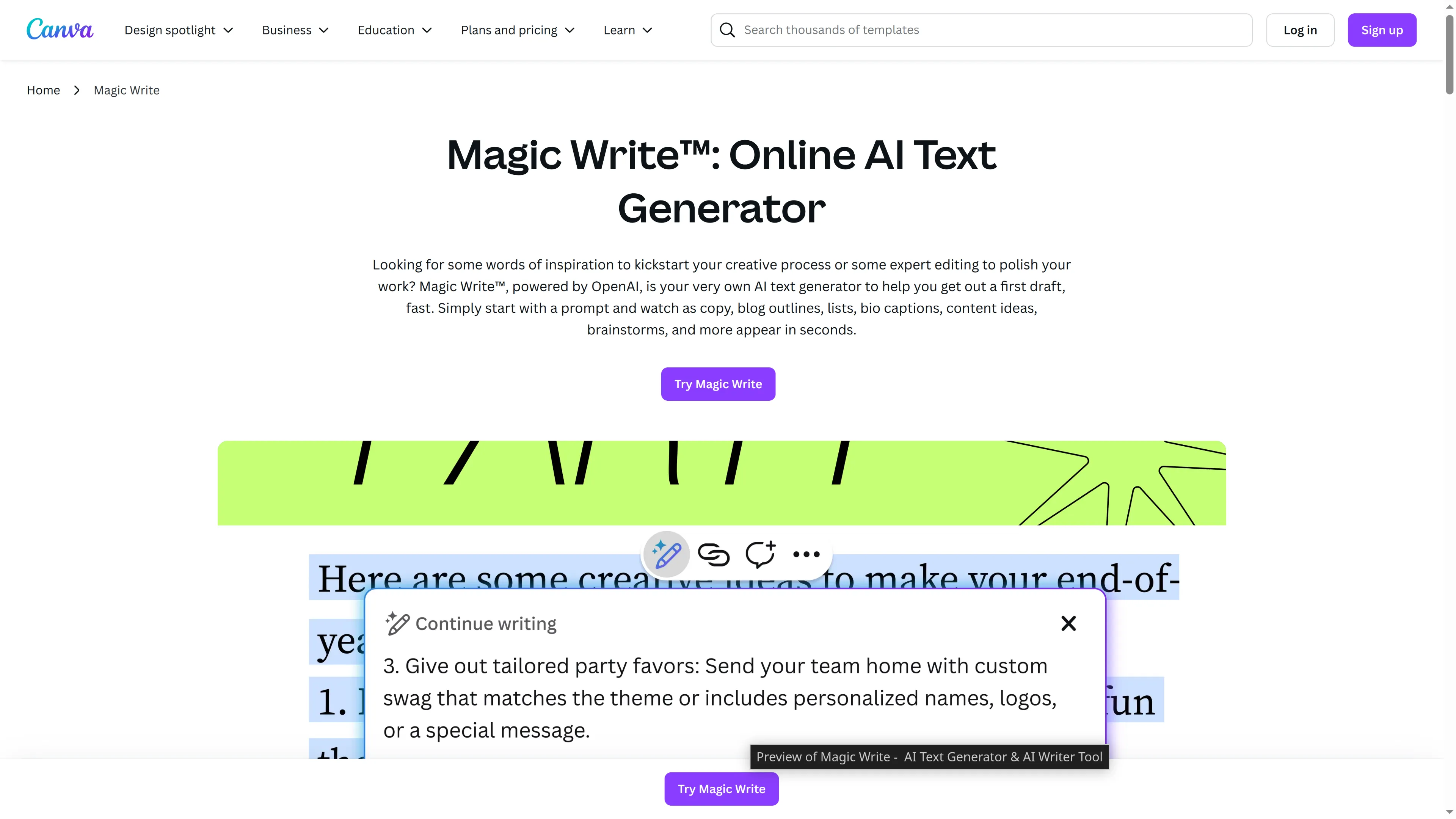 A picture of Canva Magic Write